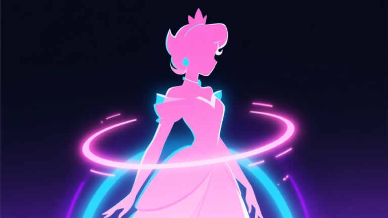 自动生成图片: Ilustrasi karakter putri game dengan siluet elegan, dikelilingi oleh aura dan elemen cahaya neon dalam warna pink, biru, dan ungu, gaya seni digital yang bersih dan minimalis, latar belakang gelap untuk kontras high quality illustration, detailed, 16:9