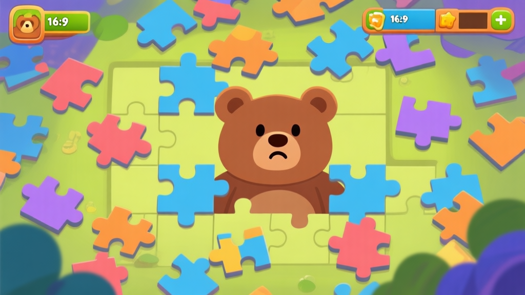 Ilustrasi layar game puzzle jigsaw dengan potongan-potongan kecil berantakan, beruang tedi terlihat samar-samar di tengah, ekspresi karakter terlihat bingung, gaya ilustrasi game mobile yang cerah dan ramah high quality illustration, detailed, 16:9