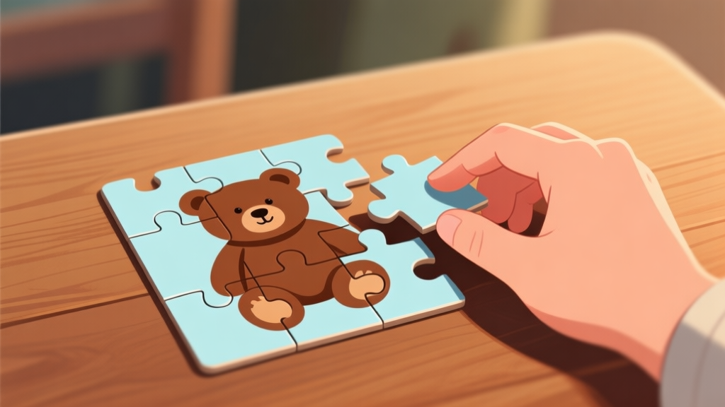 Ilustrasi tangan sedang menyusun potongan puzzle jigsaw bergambar beruang teddy coklat yang belum lengkap, di atas meja kayu dengan latar belakang blur, suasana tenang dan fokus, gaya ilustrasi digital yang hangat high quality illustration, detailed, 16:9
