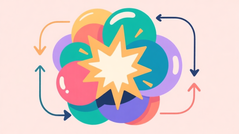 自动生成图片: Ilustrasi abstrak dari gelembung berwarna-warni yang saling bertumpuk dan meledak, dengan panah dan garis alur yang menunjukkan siklus aksi dan reaksi, skema warna pastel yang lembut, gaya minimalis bersih, konsep psikologi game high quality illustration, detailed, 16:9