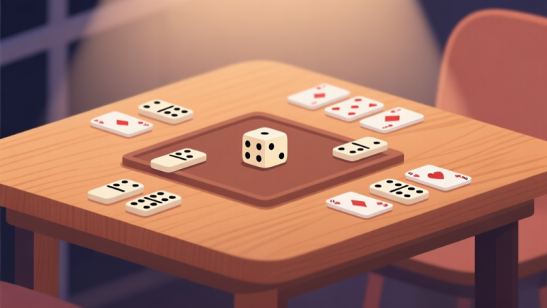 自动生成图片: Ilustrasi minimalis dengan ikon papan permainan seperti dadu dan kartu domino yang tersusun rapi di atas meja kayu, latar belakang lembut dengan nuansa hangat, gaya clean dan modern, konsep persiapan permainan malam high quality illustration, detailed, 16:9