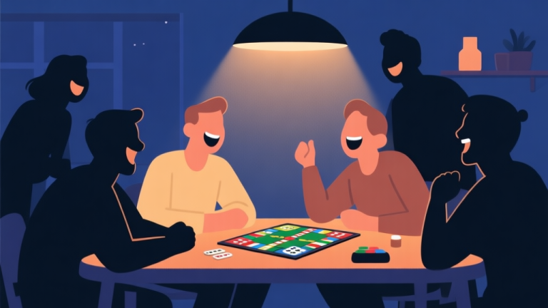 自动生成图片: Ilustrasi minimalis suasana malam game yang hangat dan seru, beberapa siluet orang tertawa di sekitar meja dengan papan permainan, pencahayaan hangat, nuansa cozy, desain clean dan sederhana high quality illustration, detailed, 16:9