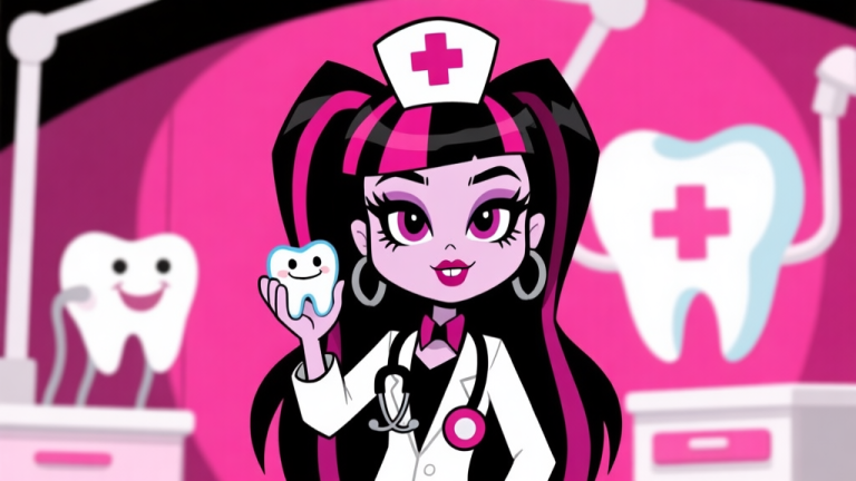 自动生成图片: Ilustrasi karakter kartun gaya Monster High dengan tema dokter gigi, latar belakang klinik gigi gotik yang ramah, palet warna pink, hitam, dan putih, desain bersih dan menarik high quality illustration, detailed, 16:9