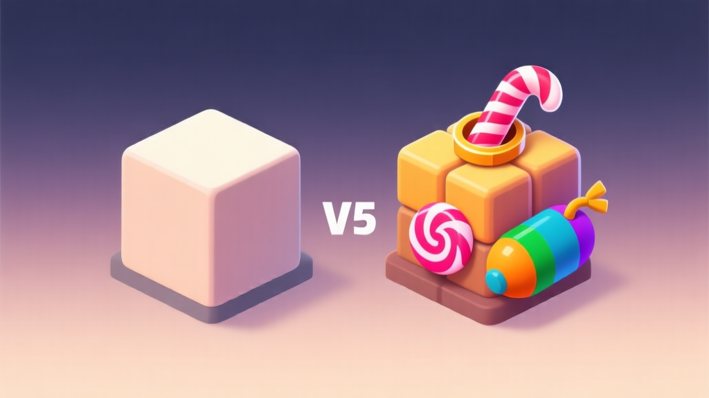 Komposisi visual side-by-side yang bersih dan minimalis, menunjukkan perbandingan antara blok warna biasa yang sederhana dan blok perhiasan (seperti permen bergaris dan bom warna) dari game puzzle, dengan latar belakang gradient lembut dan skema warna profesional high quality illustration, detailed, 16:9