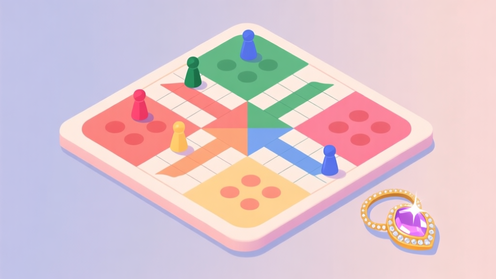 Ilustrasi minimalis dari papan permainan Ludo dengan beberapa bidak berwarna dan sebuah ikon perhiasan berkilauan di sudutnya, skema warna pastel lembut, gaya desain bersih dan modern high quality illustration, detailed, 16:9