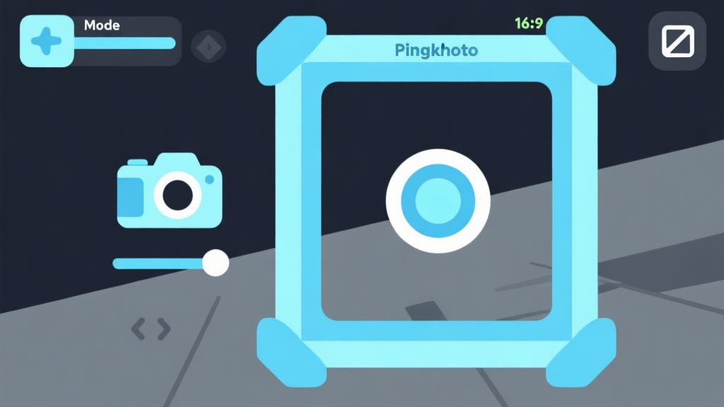 Ilustrasi antarmuka mode foto game yang minimalis, dengan ikon kamera, slider, dan bingkai, skema warna biru muda dan abu-abu gelap, desain bersih, gaya UI game modern high quality illustration, detailed, 16:9