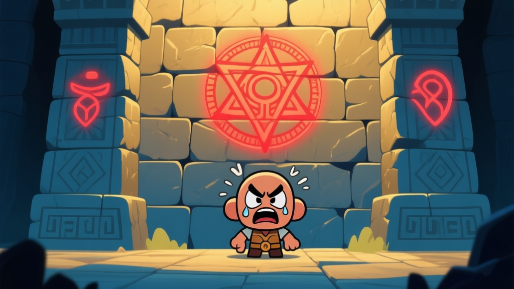 Ilustrasi digital gaya game puzzle, menunjukkan karakter kartun yang terlihat frustrasi di depan dinding batu kuil dengan simbol-simbol misterius yang menyala redup. Pencahayaan dramatis, nuansa warna emas dan biru tua, desain clean dan fokus pada ekspresi karakter. high quality illustration, detailed, 16:9