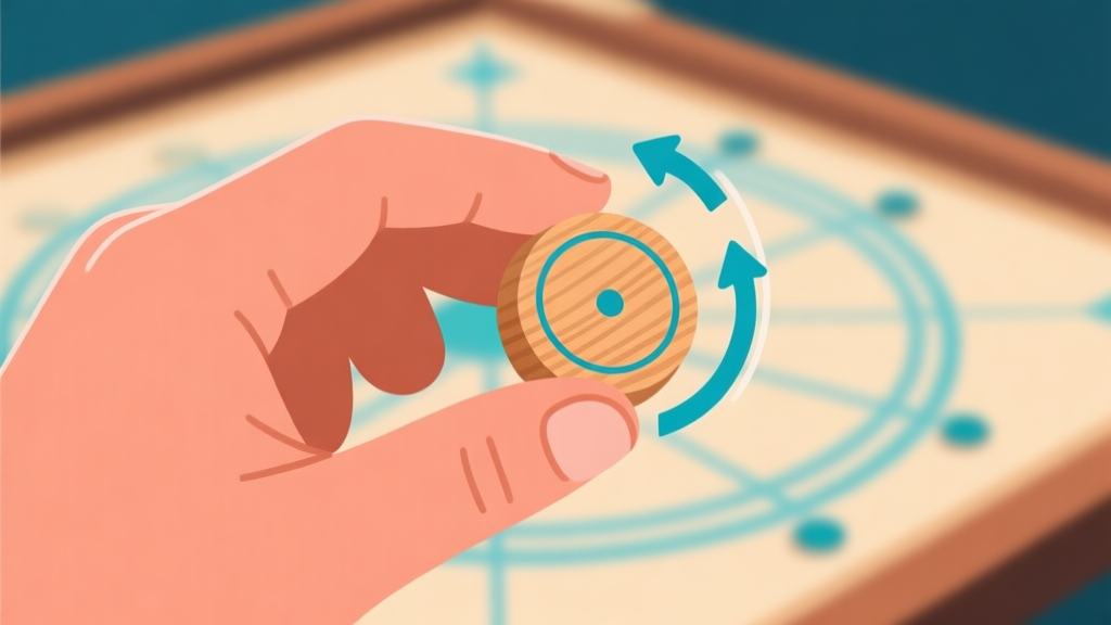 Ilustrasi close-up tangan memegang bidak carrom dengan garis arah panah menunjukkan gerakan memutar, latar belakang papan carrom yang buram, gaya ilustrasi clean vector, warna kayu hangat dan aksen biru muda high quality illustration, detailed, 16:9