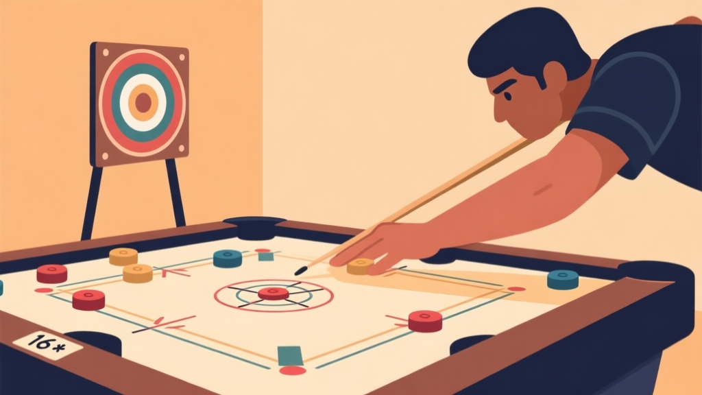 Ilustrasi minimalis seorang pemain carrom sedang berlatih bidikan dasar dengan fokus, papan carrom terlihat bersih dengan bidak tersusun rapi, nuansa warna hangat dan tenang, gaya ilustrasi flat design high quality illustration, detailed, 16:9