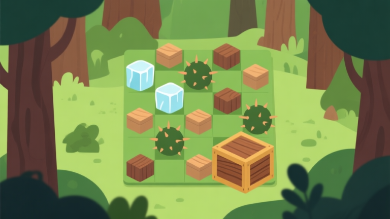 自动生成图片: Ilustrasi minimalis papan game match-3 bertema hutan dengan berbagai penghalang seperti balok es, semak berduri, dan kotak kayu berlapis, skema warna hijau dan coklat yang natural, desain bersih dengan elemen gameplay abstrak high quality illustration, detailed, 16:9
