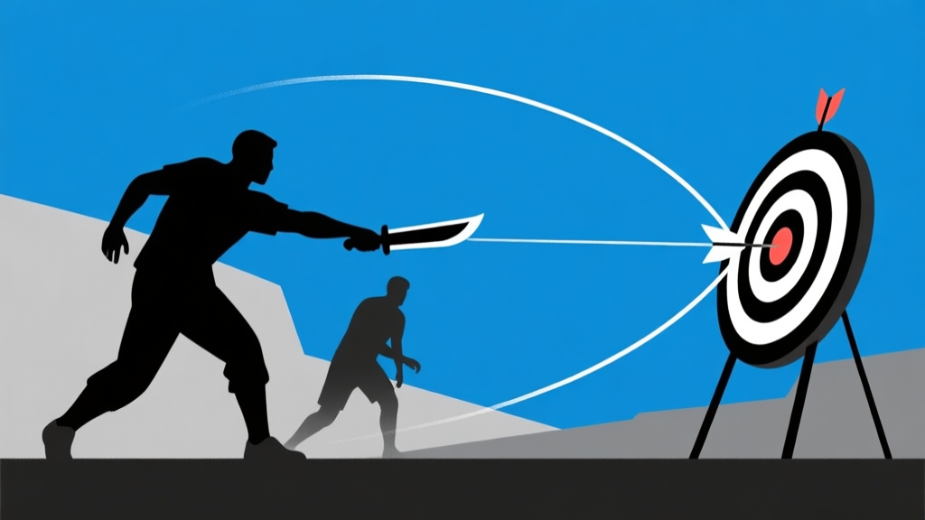 Ilustrasi minimalis dua siluet pemain game dalam suasana intens, dengan garis trajectory lemparan pisau yang melengkung dan akurat menuju target, skema warna biru dan abu-abu gelap, gaya clean dan dramatis high quality illustration, detailed, 16:9