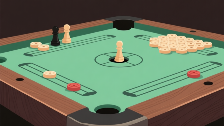 自动生成图片: Ilustrasi papan Carrom dengan bidak-bidak tersusun rapi, satu bidak striker berada di posisi strategis dekat lubang, latar belakang minimalis dengan nuansa kayu gelap dan hijau lembut, gaya ilustrasi strategi board game yang bersih high quality illustration, detailed, 16:9