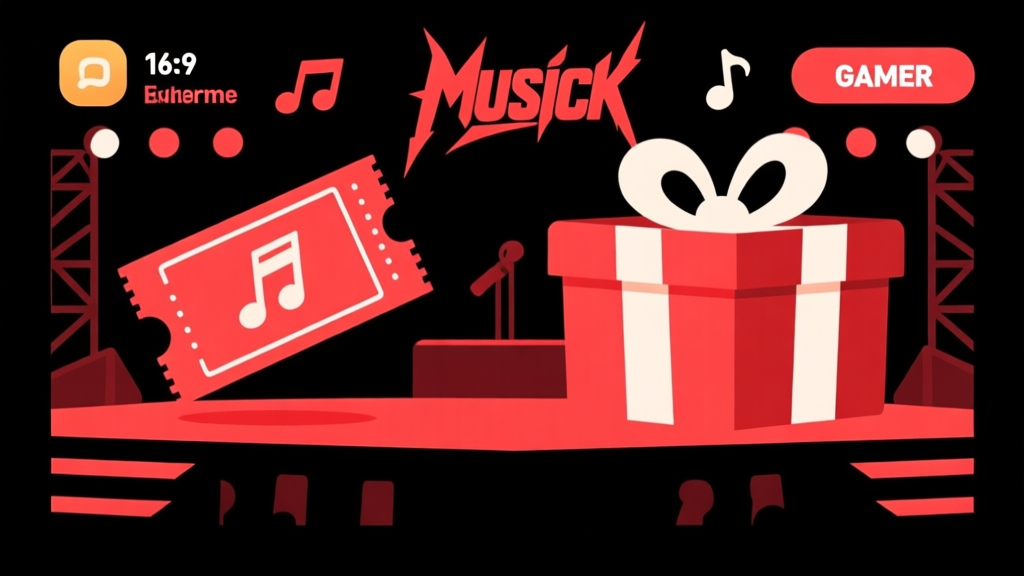Ilustrasi antarmuka event game dengan tema musik rock, menampilkan ikon tiket, panggung, dan hadiah kotak hadiah dengan warna dominan merah dan hitam, gaya flat design yang bersih high quality illustration, detailed, 16:9