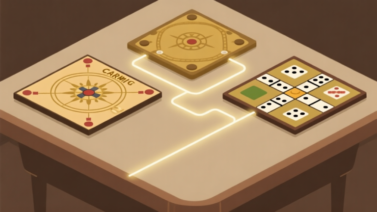 自动生成图片: Ilustrasi konsep strategi game meja, menunjukkan tiga papan berbeda (Carrom, Domino, Ludo) dengan jalur kemenangan yang tersembunyi (dilambangkan dengan garis cahaya samar), gaya flat design minimalis, warna earth tone dengan aksen emas, komposisi bersih high quality illustration, detailed, 16:9