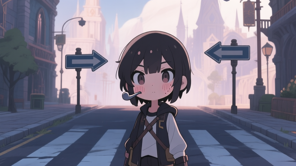 Ilustrasi karakter game bergaya anime dengan bintik-bintik halus di pipi, berdiri di persimpangan jalan dengan dua tanda panah yang berbeda, latar belakang kota game fantasi, warna soft dan misterius high quality illustration, detailed, 16:9