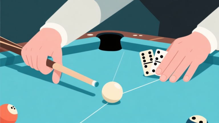 自动生成图片: Ilustrasi konseptual dua tangan di atas meja permainan, satu memegang stik billiard dan yang lain memegang kartu domino. Garis-garis tipis yang saling terkait menghubungkan kedua tangan, simbolis untuk strategi dan analisis. Warna netral dengan aksen biru muda, gaya minimalis bersih. high quality illustration, detailed, 16:9