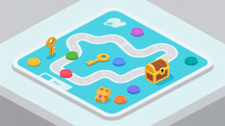 自动生成图片: Ilustrasi papan permainan strategi digital dengan jalan berliku dan beberapa token berwarna berada di posisi awal, latar belakang nuansa biru muda dan abu-abu, gaya minimalis bersih, simbol-simbol seperti kunci dan peti harta karun tersebar high quality illustration, detailed, 16:9