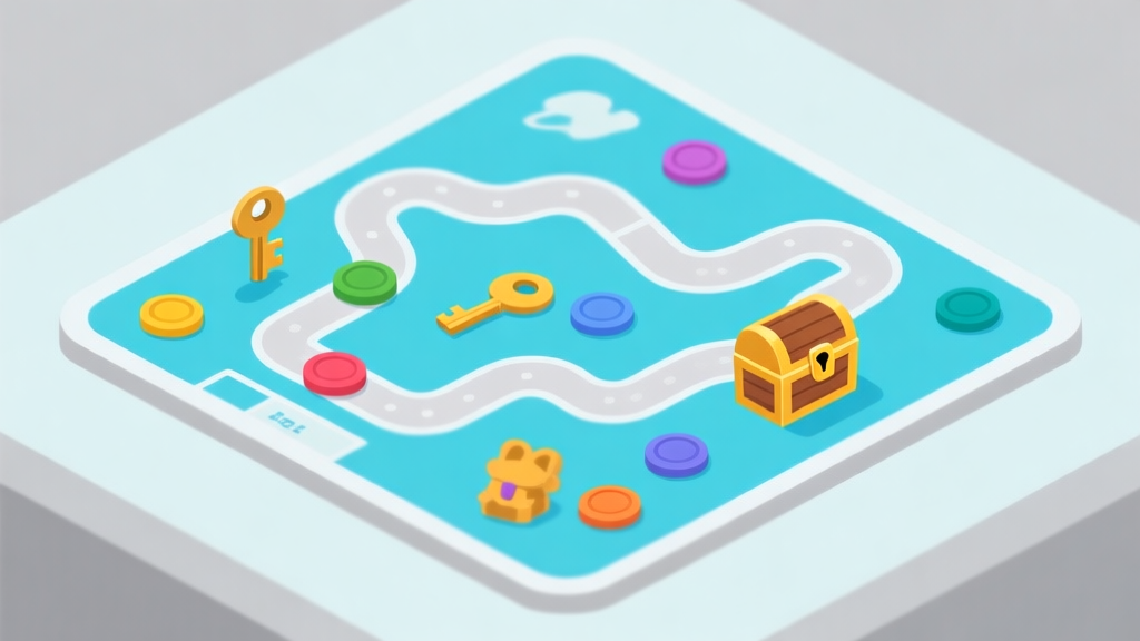 Ilustrasi papan permainan strategi digital dengan jalan berliku dan beberapa token berwarna berada di posisi awal, latar belakang nuansa biru muda dan abu-abu, gaya minimalis bersih, simbol-simbol seperti kunci dan peti harta karun tersebar high quality illustration, detailed, 16:9