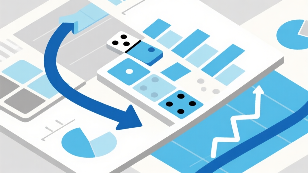 Ilustrasi abstrak papan permainan Domino dan Ludo yang tumpang tindih dengan diagram panah dan grafik tren yang halus, skema warna biru muda dan abu-abu, gaya minimalis bersih, konsep analisis strategi high quality illustration, detailed, 16:9