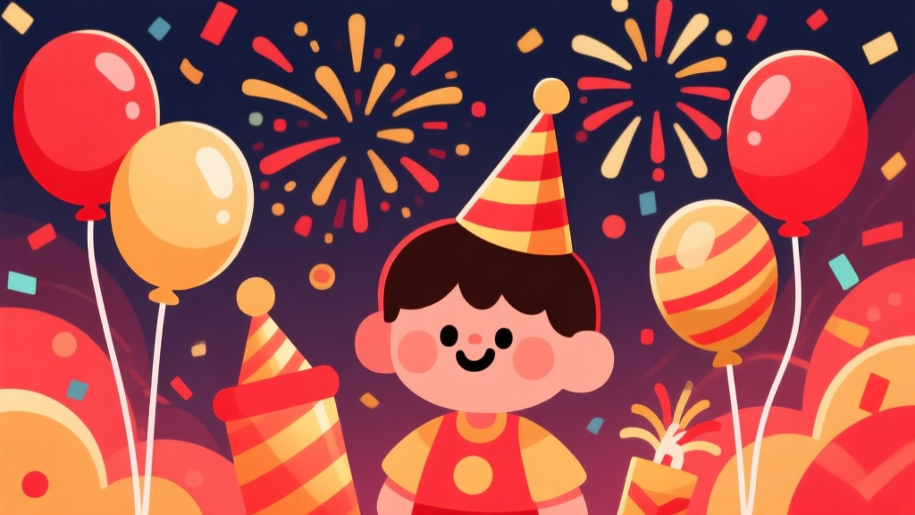 Ilustrasi scene pesta tahun baru yang ceria dan penuh warna, dengan balon, topi pesta, dan kembang api abstrak di latar belakang, gaya ilustrasi game anak-anak yang sederhana dan bersih, warna-warna hangat dominan merah dan emas high quality illustration, detailed, 16:9