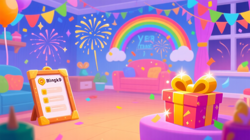 Ilustrasi game bergaya kartun yang ceria, menampilkan suasana pesta tahun baru di dalam ruangan dengan dekorasi pelangi dan kembang api, warna-warna cerah namun lembut, fokus pada elemen misi dan hadiah seperti bingkai tugas dan kotak hadiah yang bersinar high quality illustration, detailed, 16:9