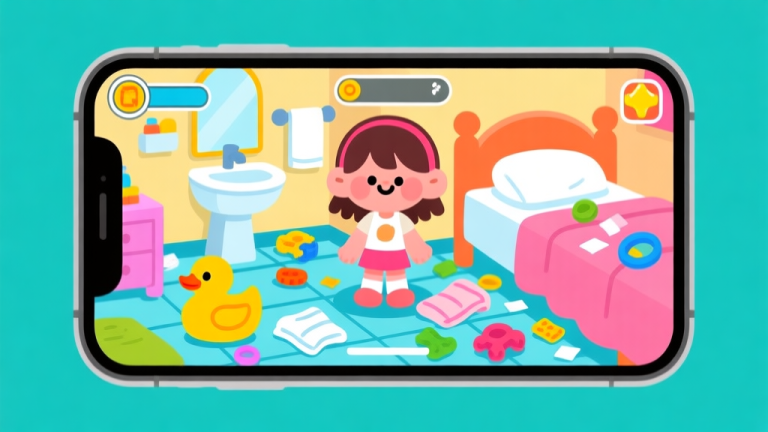 自动生成图片: Ilustrasi layar game ponsel dengan karakter kartun anak perempuan di kamar mandi yang berantakan, ada mainan bebek karet dan handuk di lantai, tampilan warna-warni cerah khas game anak, gaya flat design yang bersih high quality illustration, detailed, 16:9