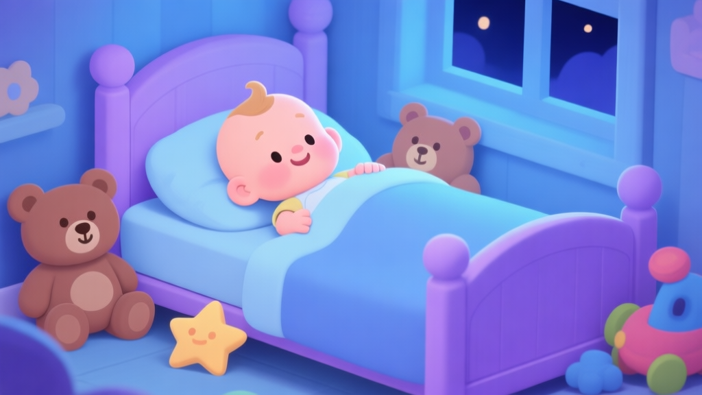 Ilustrasi kartun lembut dengan karakter bayi di ranjang, dikelilingi mainan beruang dan bintang, nuansa warna pastel biru dan ungu, suasana malam yang tenang, gaya game casual high quality illustration, detailed, 16:9