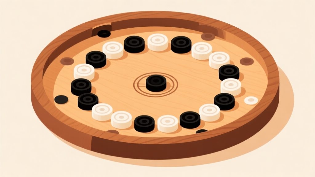 Ilustrasi minimalis papan carrom dengan bidak-bidak disusun rapi di tengah dalam formasi lingkaran, warna kayu hangat dan bidak hitam-putih, desain bersih dan informatif, gaya infografis high quality illustration, detailed, 16:9
