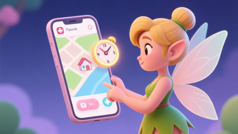 自动生成图片: Ilustrasi gaya game simulasi dengan karakter kartun perempuan (Pixie) sedang melihat peta lokasi di antarmuka ponsel, dengan ikon rumah sakit dan jam yang menyala, warna pastel lembut, desain antarmuka game yang bersih high quality illustration, detailed, 16:9