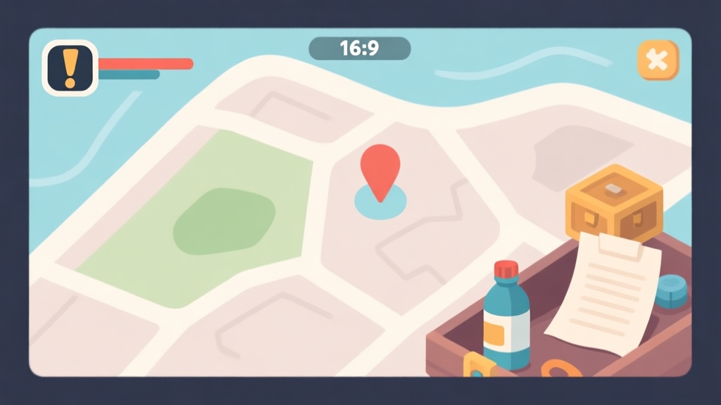 Ilustrasi minimalis layar game dengan ikon misi (tanda seru), peta sederhana, dan beberapa item inventory seperti botol dan kertas, skema warna pastel lembut, gaya clean dan flat design high quality illustration, detailed, 16:9