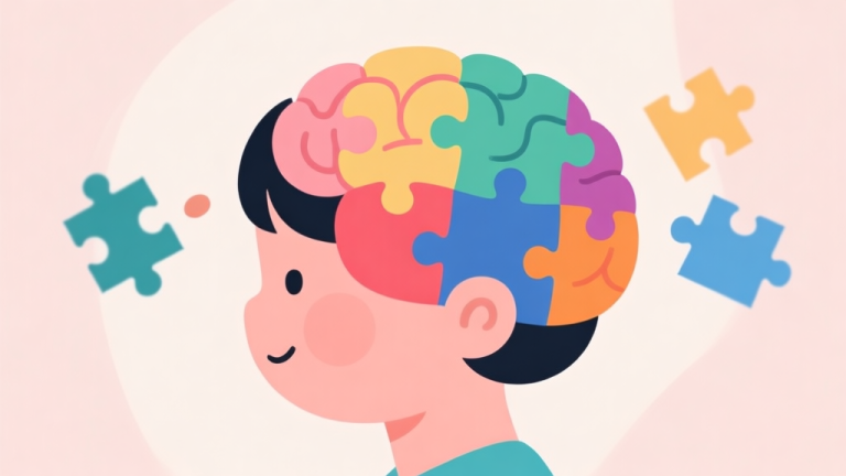 自动生成图片: Ilustrasi minimalis otak anak dengan potongan puzzle berwarna-warni yang sedang tersusun di sekitarnya, latar belakang lembut dengan warna pastel, gaya desain bersih dan modern high quality illustration, detailed, 16:9