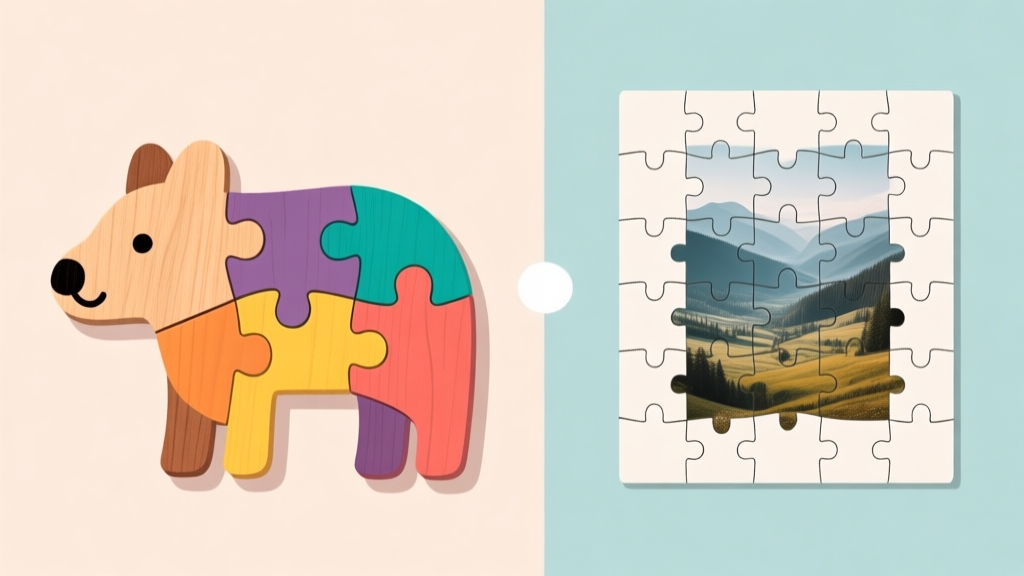 Ilustrasi dua sisi kontras: satu sisi menunjukkan puzzle kayu dengan potongan besar berbentuk hewan dan warna cerah, sisi lain menunjukkan puzzle jigsaw kertas dengan 500 potongan gambar pemandangan yang kompleks, gaya minimalis bersih, latar belakang pastel lembut high quality illustration, detailed, 16:9