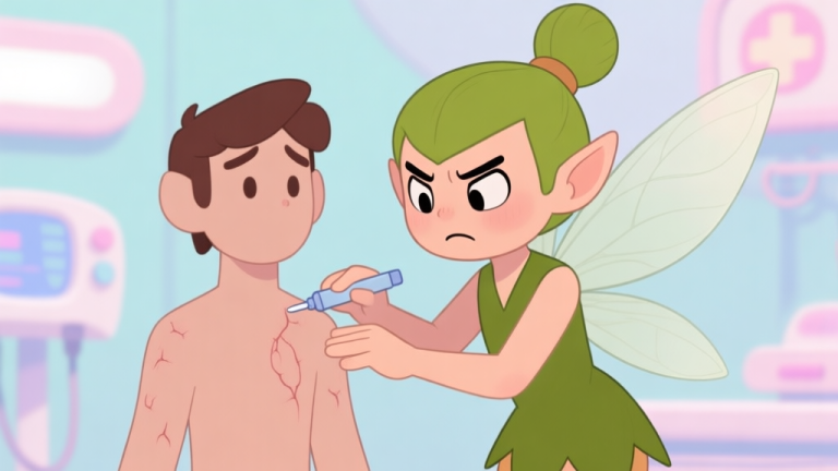 自动生成图片: Ilustrasi karakter game pixie yang sedang memeriksa kulit karakter lain dengan ekspresi serius tapi imut, latar belakang klinik fantasi dengan warna pastel lembut, gaya minimalis dan clean high quality illustration, detailed, 16:9