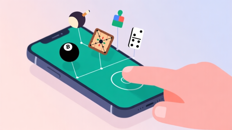 自动生成图片: Ilustrasi minimalis layar ponsel dengan beberapa ikon game sederhana (bola biliar, papan carrom, domino, papan ludo) melayang di atasnya, latar belakang pastel lembut, garis-garis tipis menghubungkan ikon ke tangan yang sedang mengetuk layar, gaya clean dan modern high quality illustration, detailed, 16:9