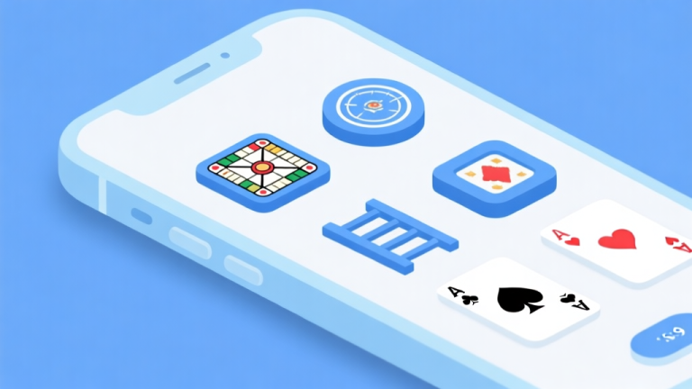 自动生成图片: Ilustrasi antarmuka ponsel dengan ikon beberapa permainan papan populer seperti carrom, ular tangga, dan kartu, disusun secara minimalis dengan skema warna biru muda dan putih, gaya desain bersih high quality illustration, detailed, 16:9