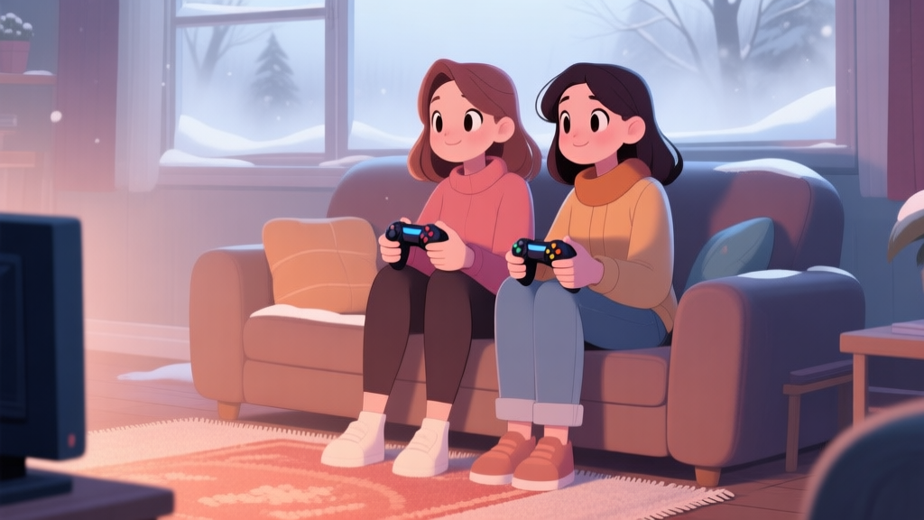 Dua karakter kartun perempuan dengan gaya berbeda sedang duduk nyaman di sofa dengan konsol game di tangan, suasana hangat dengan karpet dan jendela berembun, ilustrasi digital dengan warna-warna musim dingin yang lembut high quality illustration, detailed, 16:9