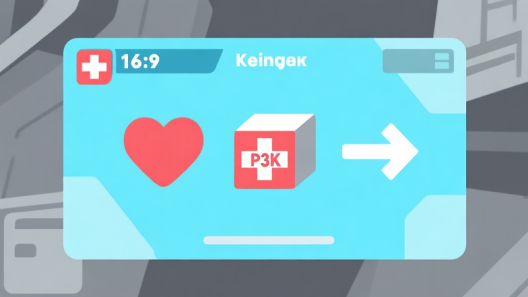 自动生成图片: Ilustrasi minimalis layar game dengan ikon hati, kotak P3K, dan panah yang membingungkan, skema warna biru muda dan abu-abu, gaya desain bersih, menggambarkan kebingungan dalam misi darurat high quality illustration, detailed, 16:9