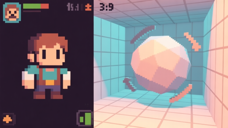 自动生成图片: Ilustrasi kontras antara karakter game 2D pixel art klasik dan model 3D low-poly bergaya pixel yang sedang diputar di ruang 3D, dengan kisi-kisi pemodelan terlihat, warna lembut dan retro, gaya ilustrasi digital yang bersih high quality illustration, detailed, 16:9