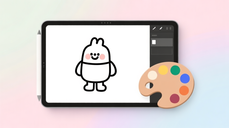 自动生成图片: Ilustrasi minimalis layar tablet dengan gambar garis karakter kartun yang ramah (seperti Didi) dan palet warna digital di sampingnya, latar belakang pastel lembut, gaya desain bersih dan modern high quality illustration, detailed, 16:9