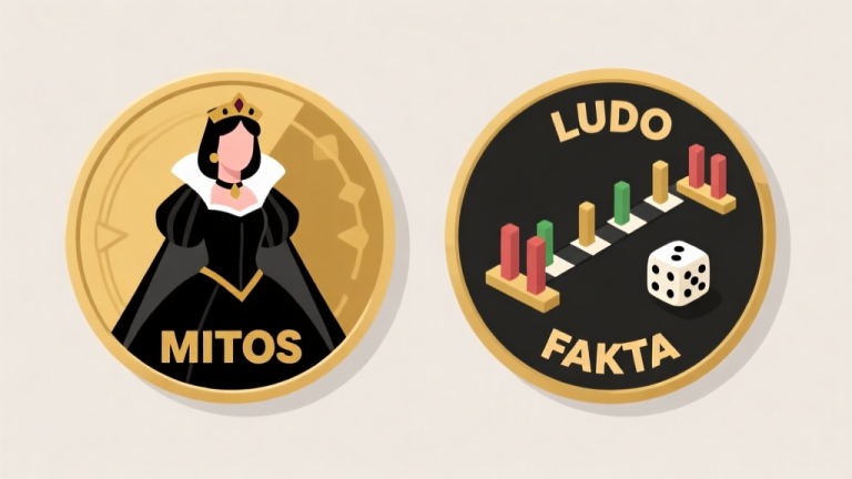 自动生成图片: Ilustrasi dua sisi koin, satu sisi bergambar avatar game dengan kostum mewah (seperti putri gaun hitam) dan tulisan "MITOS", sisi lain bergambar papan Ludo dengan strategi blokir dan dadu dengan tulisan "FAKTA". Gaya flat design, warna netral dengan aksen emas dan hitam, minimalis dan jelas. high quality illustration, detailed, 16:9