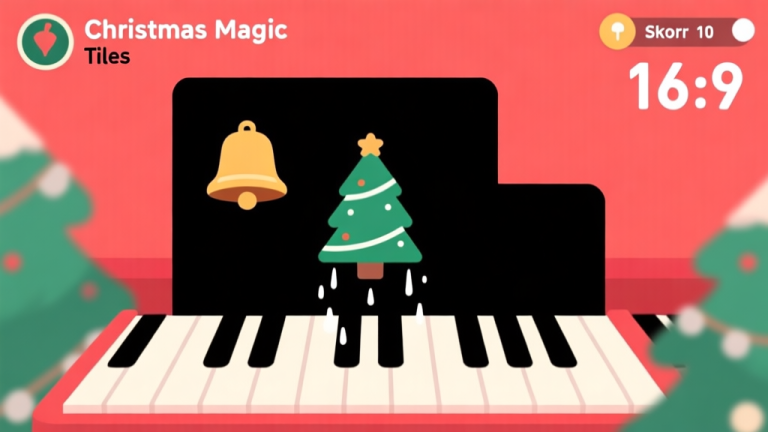 自动生成图片: Ilustrasi minimalis layar game Christmas Magic Piano Tiles, menunjukkan tile hitam bergambar simbol Natal seperti lonceng dan pohon cemara yang turun di atas keyboard, dengan skor tinggi terpampang di sudut, nuansa warna merah dan hijau Natal yang soft, desain clean dan game-like high quality illustration, detailed, 16:9