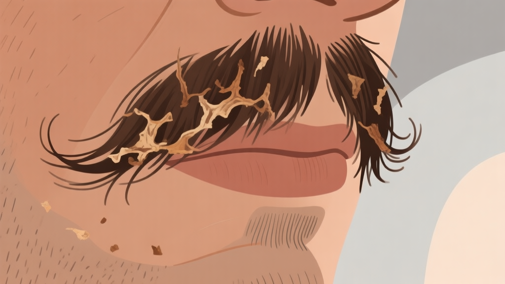 Ilustrasi close-up kulit dan rambut janggut yang kering dan terangkat, menunjukkan partikel kulit kering di antara helai rambut kasar, dengan latar belakang abstrak berwarna coklat dan abu-abu muda, gaya ilustrasi medis yang minimalis high quality illustration, detailed, 16:9