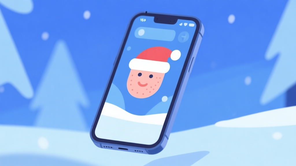 Ilustrasi minimalis dari ikon skin game Natal yang melayang di layar ponsel, dengan latar belakang biru lembut dan nuansa musim dingin yang abstrak, gaya desain bersih dan modern high quality illustration, detailed, 16:9