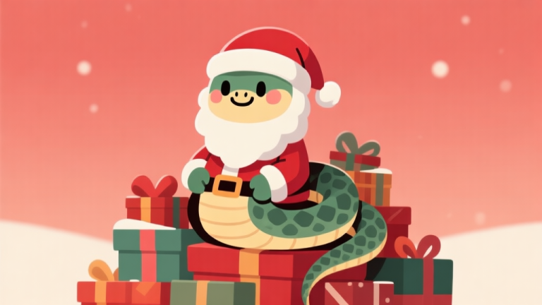 自动生成图片: Ilustrasi karakter ular dengan kostum Santa Claus yang lucu dan ramah, duduk di atas tumpukan hadiah, dengan latar belakang nuansa Natal yang minimalis dan warna-warna hangat seperti merah dan hijau tua, gaya ilustrasi game yang bersih high quality illustration, detailed, 16:9