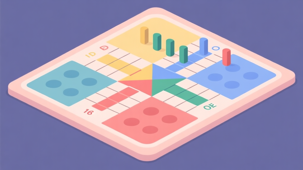 Ilustrasi papan permainan Ludo digital dengan highlight pada jalur berwarna, menunjukkan konsep barisan atau formasi, gaya flat design minimalis, warna pastel soft, komposisi bersih high quality illustration, detailed, 16:9