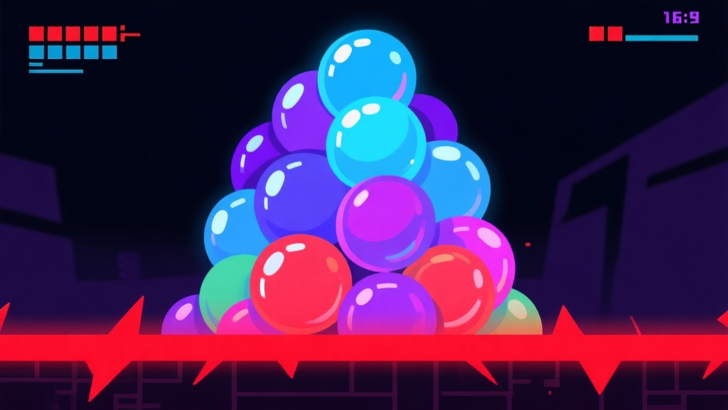 Ilustrasi abstrak dari tumpukan gelembung berwarna-warni yang hampir mencapai garis bahaya berwarna merah, dengan latar belakang gelap yang menegangkan, gaya minimalis game arcade, warna biru tua, ungu, dan merah dengan aksen cahaya high quality illustration, detailed, 16:9
