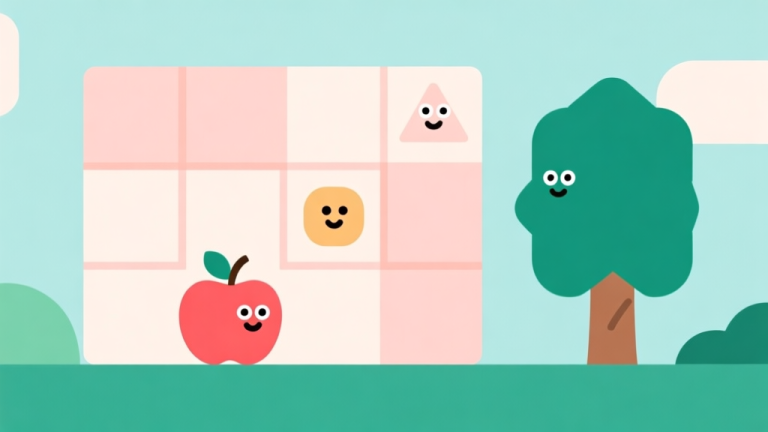 自动生成图片: Ilustrasi minimalis dari teka-teki game dengan karakter sederhana dan objek seperti apel dan pohon, skema warna pastel lembut, gaya clean dan geometris, fokus pada logika dan koneksi high quality illustration, detailed, 16:9