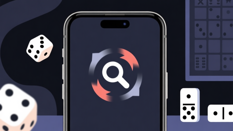 自动生成图片: Ilustrasi layar ponsel dengan ikon pencarian lawan yang berputar-putar, latar belakang gelap dengan elemen papan permainan abstrak seperti dadu dan domino, nuansa frustrasi ringan, gaya flat design minimalis high quality illustration, detailed, 16:9