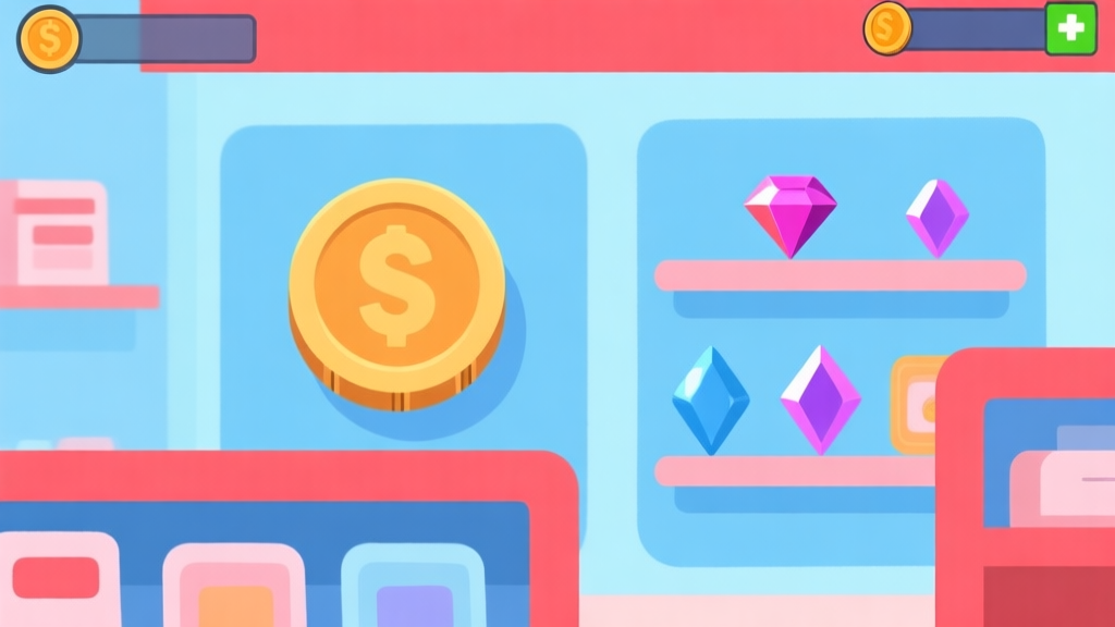 Ilustrasi minimalis toko dalam game dengan ikon koin, permata, dan item virtual di rak, skema warna pastel biru dan merah muda, gaya desain bersih dan modern high quality illustration, detailed, 16:9