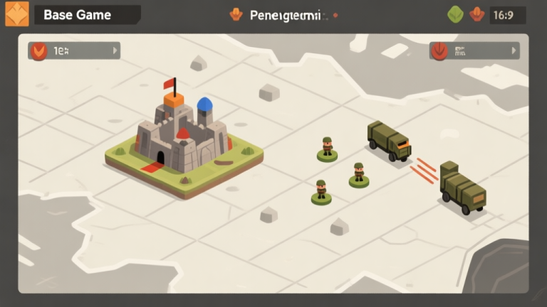 自动生成图片: Ilustrasi dua base game strategi di peta, satu pemain fokus membangun ekonomi sementara pemain lain mengirim unit kecil pengalih perhatian, gaya seni game minimalis dengan warna netral high quality illustration, detailed, 16:9